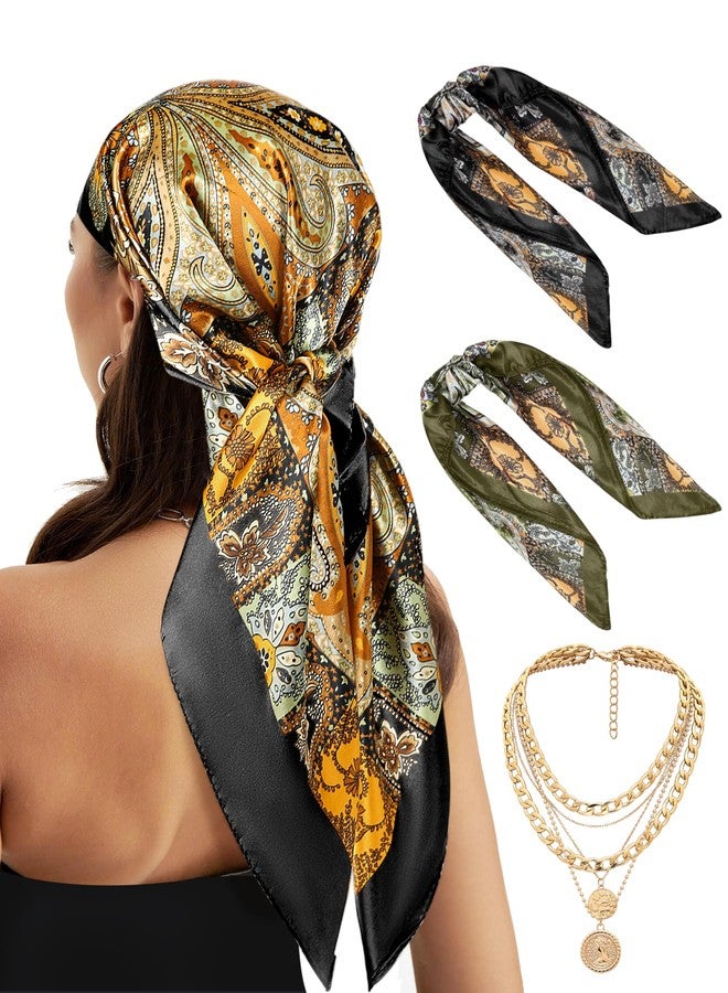 CICOCI 3PCS Head Scarf For Women 35" Satin Large Square Women Bandana Headband With Neacklace Set - Image 1
